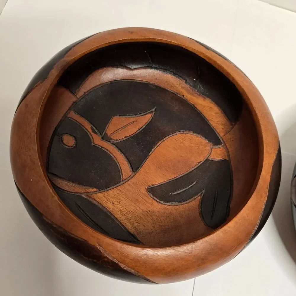 Vintage Wooden Two Toned Handmade Fish Bowls Set Of 2